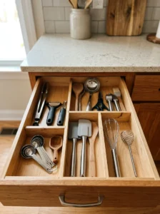 Kitchen drawer organized with adjustable dividers for cooking utensils.