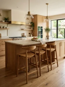 Natural wood kitchen flooring complementing warm wood cabinetry