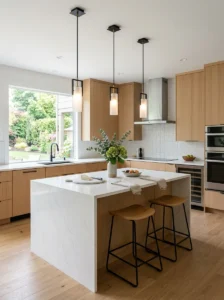 Kitchen pendants mounted at the ideal height above the island.
