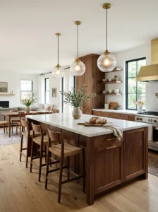 Kitchen island with perfectly proportioned pendant lighting.