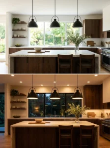 Kitchen island lighting during morning and evening for comparison.