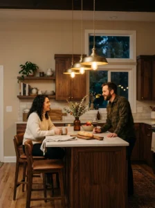 Kitchen island lit with warm white pendant bulbs.