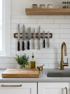 Magnetic knife strip storing kitchen knives neatly on the backsplash.