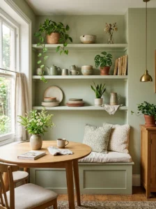 Kitchen shelves painted to match the surrounding wall.