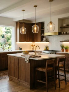 Kitchen combining pendant lights with under-cabinet lighting.