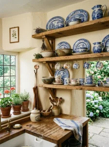 Open wood shelves displaying mismatched vintage dishes in a cottage kitchen.