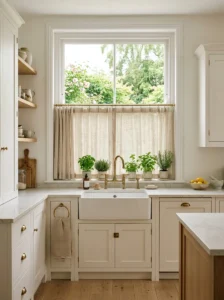 Kitchen window with minimal curtains designed to showcase a private garden view.