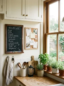 Small chalkboard and cork board positioned beside a kitchen window.