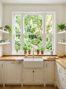 Uncovered kitchen window maximizing natural light and showcasing a private backyard view.