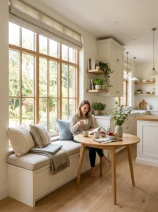Built-in bench beneath a large kitchen window creating a cozy breakfast nook.