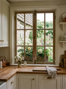 Kitchen window with an exterior wooden flower box filled with seasonal blooms.