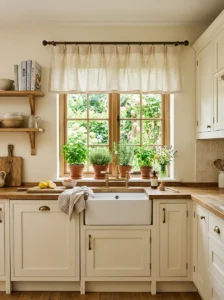 Cream linen valance adding softness to a kitchen window without blocking daylight.