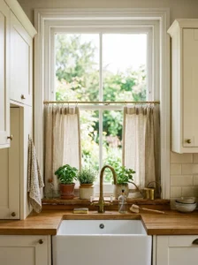 Kitchen window with linen café curtains providing privacy while allowing natural light.