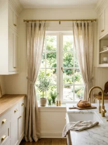 Kitchen window hardware coordinated with brass kitchen fixtures.