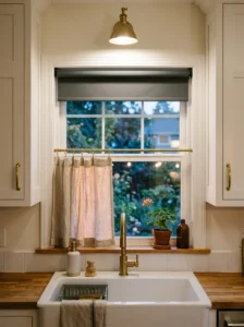 Layered kitchen window treatment with café curtains and a blackout shade.