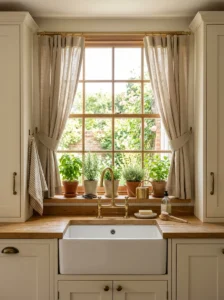 Linen café curtains pulled back with matching tiebacks on a kitchen window.