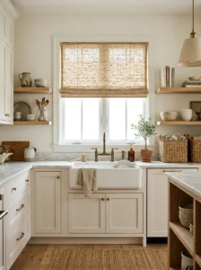 Natural woven Roman shade adding texture to a kitchen window.