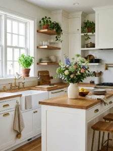 Kitchen decorated with fresh flowers and a potted herb plant.
