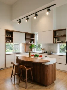 Adjustable track lighting illuminating a kitchen island.