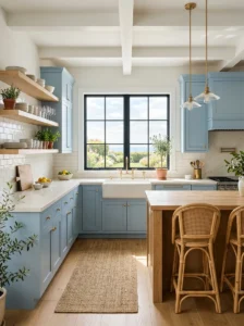 Soft sky blue kitchen cabinets in a bright interior