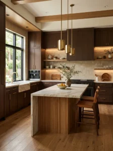 Warm chocolate brown kitchen cabinets with brass hardware