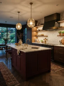 Rich burgundy kitchen island with brass hardware