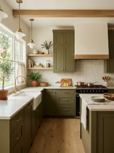 Olive green kitchen cabinets with brass hardware