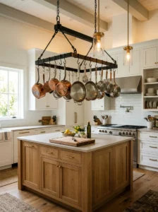 Hanging pot rack displaying cookware above a kitchen island.