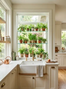 Garden window with built-in shelves providing extra space for kitchen plants.