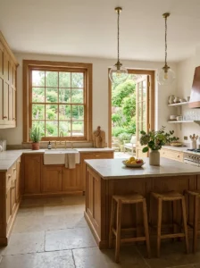 Kitchen with natural wood-framed windows and doors