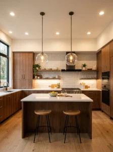 Kitchen island illuminated by pendants and recessed lighting.