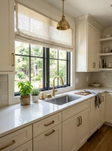 Easy-clean washable window treatment used above a kitchen sink.