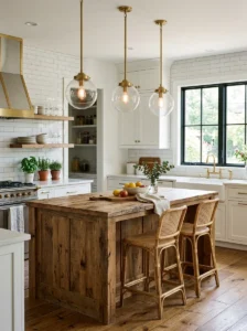 Smart pendant lighting above a modern kitchen island.