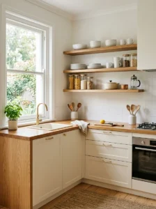 Small kitchen with open shelving for a more spacious look