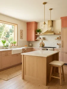 Muted coral peach kitchen cabinets with warm wood accents
