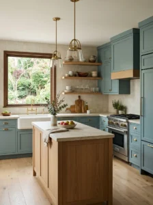 Muted teal kitchen cabinets with brass hardware