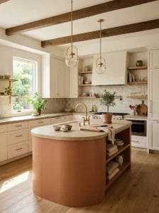 Warm terracotta kitchen island with white cabinets