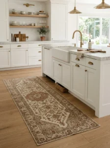 Patterned runner rug adding warmth and personality to a modern kitchen.