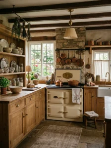Cream vintage-style stove in a cozy cottage kitchen.