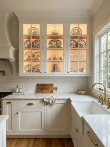 Glass-front kitchen cabinets displaying decorative dishware.