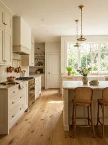 Warm white kitchen cabinets with natural wood accents