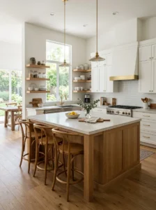Custom wood range hood blending with warm kitchen cabinetry