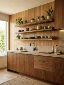 Custom wood range hood blending with warm kitchen cabinetry