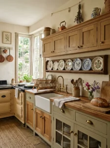 Plate rail shelf displaying decorative kitchen plates.
