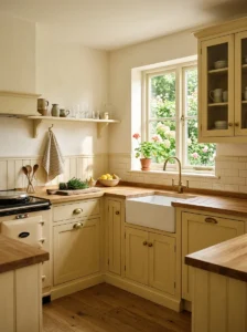 Soft buttery yellow kitchen cabinets in a cozy kitchen