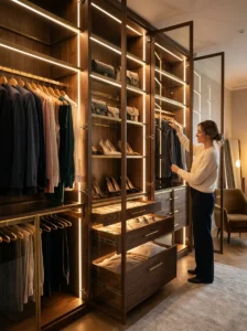 LED lighting inside bedroom wardrobe.