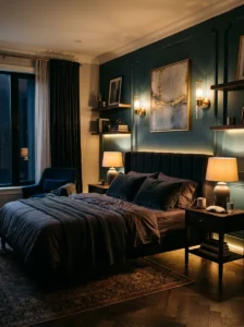 : Layered warm lighting in a romantic bedroom.