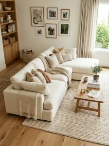 Family room featuring a durable cream sectional sofa.