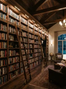 Full library wall with a rolling sliding ladder track.