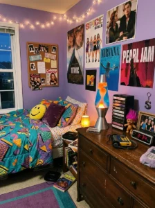 Glowing lava lamp displayed on a dresser in a nostalgic 90s bedroom.